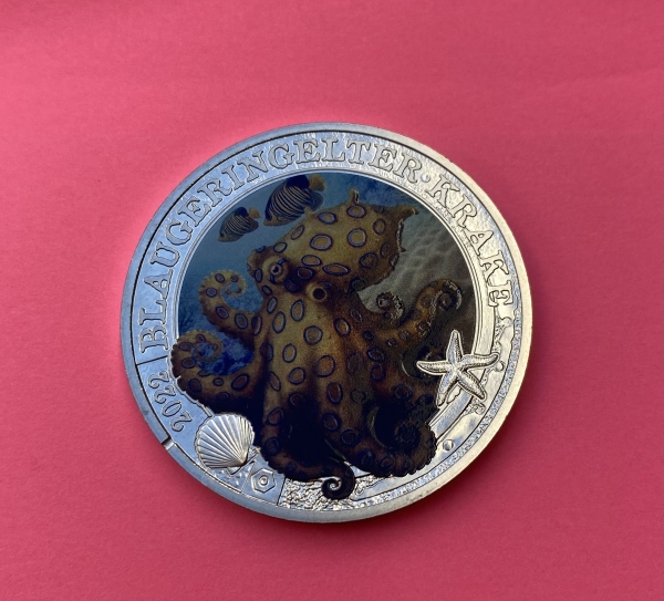 3 Euro Münze Österreich 2022-Blaugeringelter Krake aus der leuchtenden Meereswelten-Serie